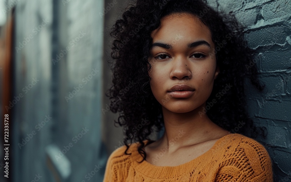 Fototapeta premium Woman Standing Next to Brick Wall