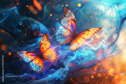 Mystical Butterflies in Abstract Swirls Illustration. A mesmerising abstract illustration featuring butterflies amidst vibrant swirls of blue and orange.