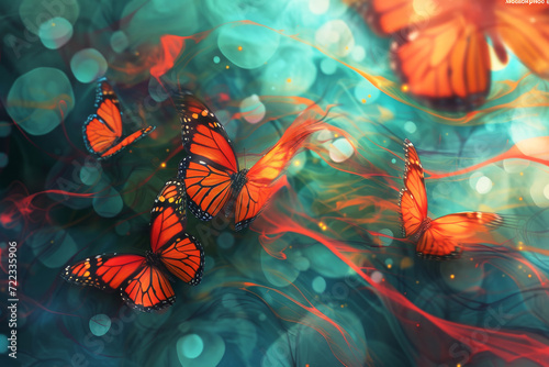 Butterflies in Luminous Ethereal Dance. Orange butterflies dancing in a luminescent abstract environment.