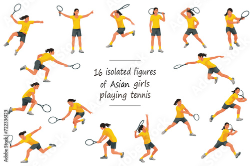 16 girl figures of Japanese  Korean or Chinese woman s tennis players in yellow T-shirts throwing  catching  serving  receiving  hitting the ball  standing  jumping and running