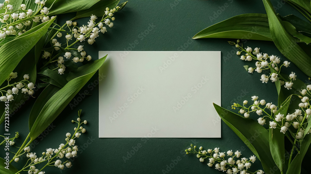 Obraz premium White Blank Card Mockup With Lily Of The Valley Flowers in Decoration Against A Green Background. Spring Greeting Card Mockup Template and Invitation Card Mock Up
