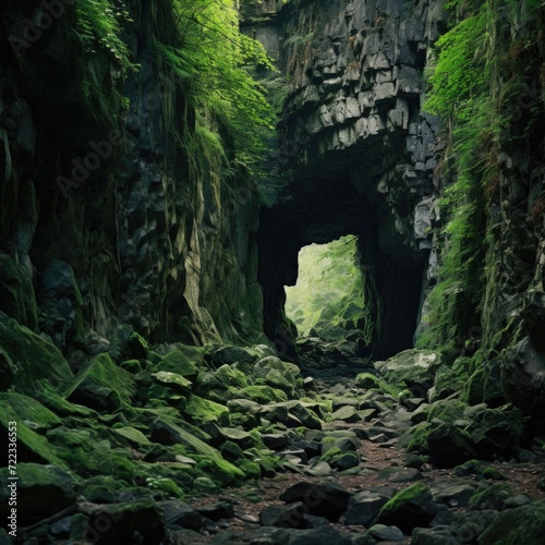There is a tunnel in the dense green forest through the rock
