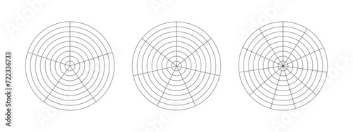 Wheel of life template. Simple coaching tool for visualizing all areas of life. Circle diagrams of life style balance. Polar grid with segments, concentric circles. Blank of graph paper. Vector icon.