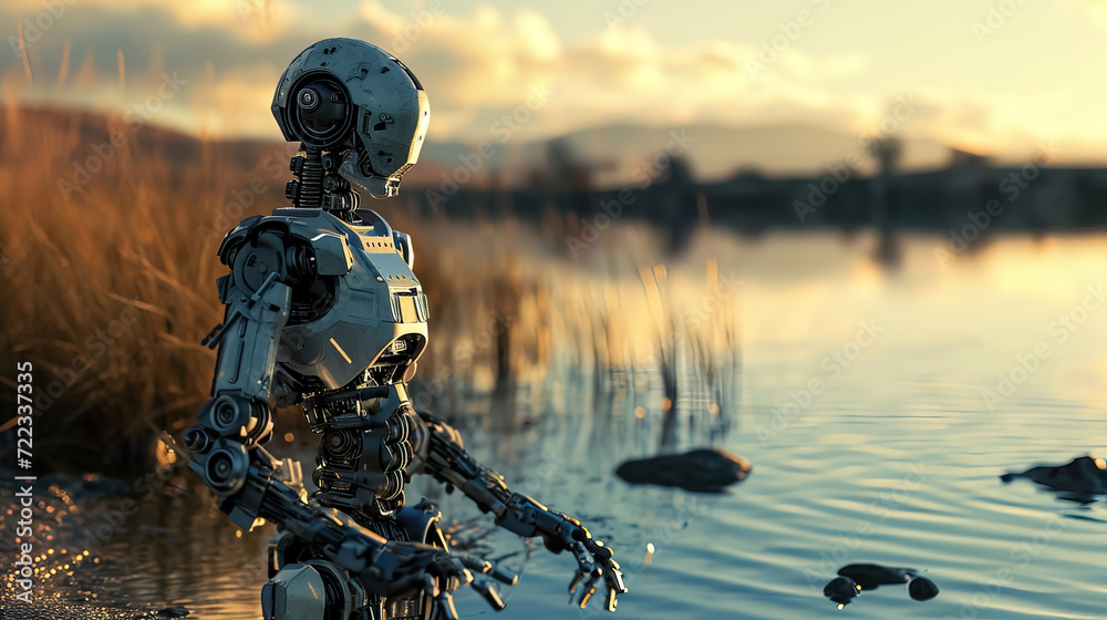 Robot want to crossing the lake - AI Generated Robot want to crossing the lake - AI Generated