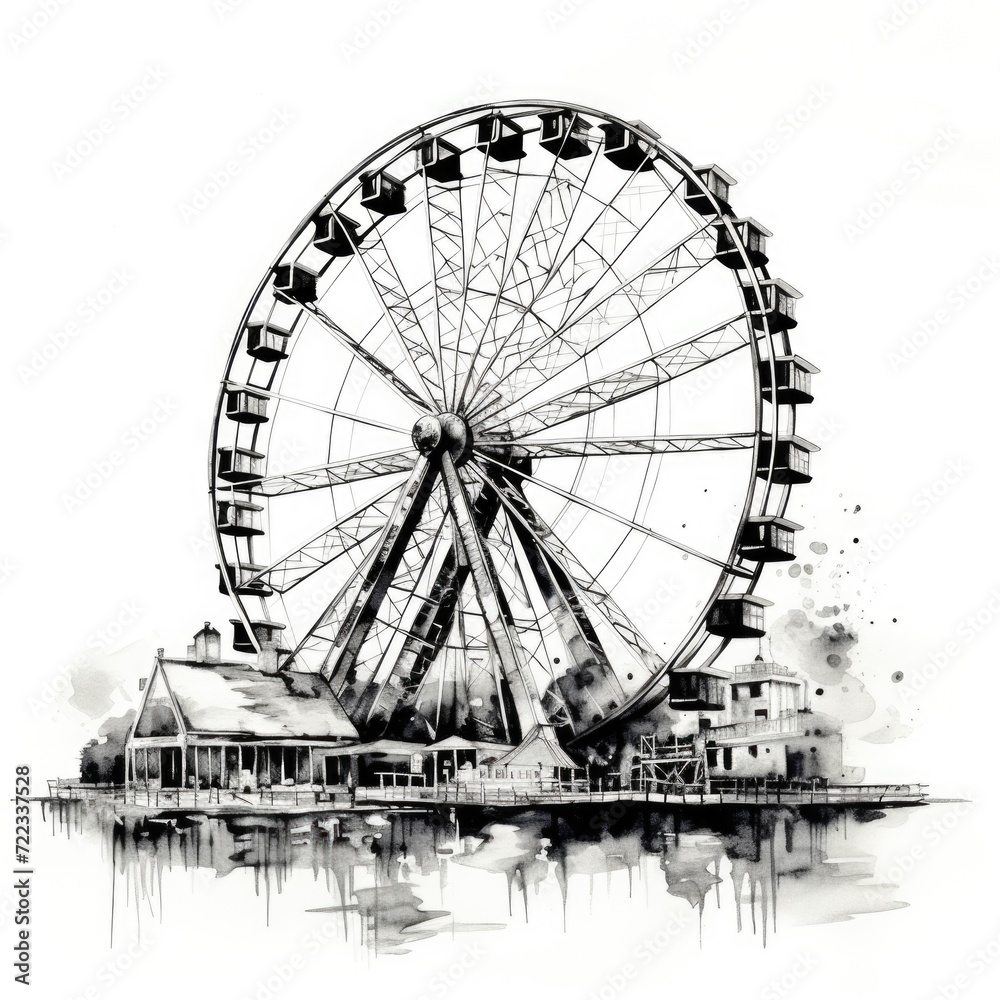  Vintage Ferris wheel ink illustration, white background.