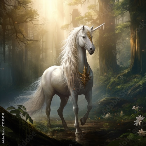 White Unicorn standing in the Forest with a long mane