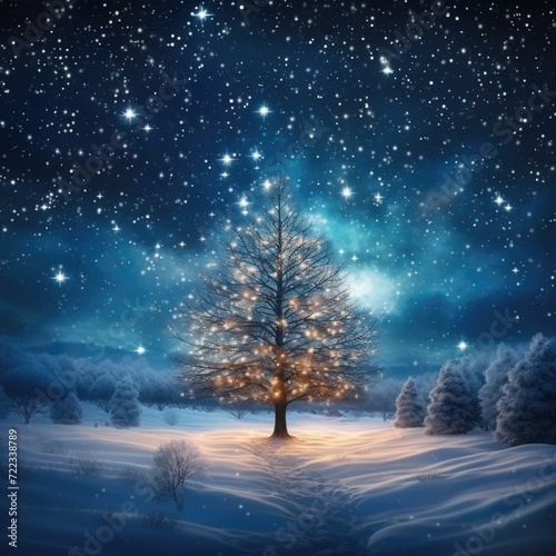 Winter christmas landscape. Magical fairy light. Christmas tree. Winter starry sky. © Vladyslav  Andrukhiv