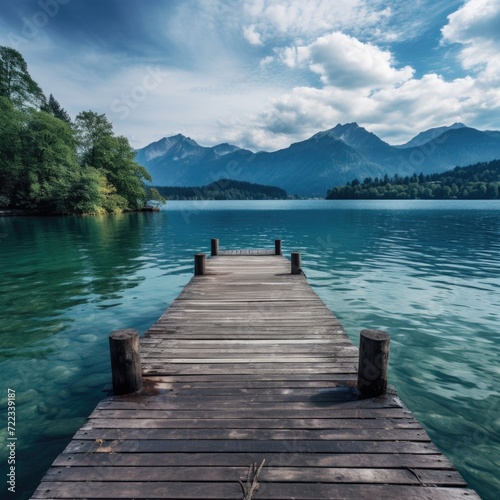 Wooden dock with mountain range in the background and body of water © Vladyslav  Andrukhiv