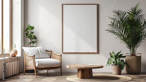Single Vertical ISO A0 Frame Mockup with Reflective Glass - Mockup Poster on the Wall of Living Room. Interior Mockup with Apartment Background