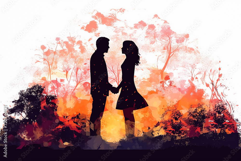 watercolor illustration, capturing a couple in a romantic date against a bright background.
