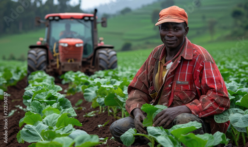 Portrait of African farmer with harvest of tea leaves on the field