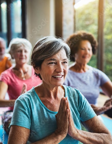 glimpse of a group of seniors engaged in a yoga class