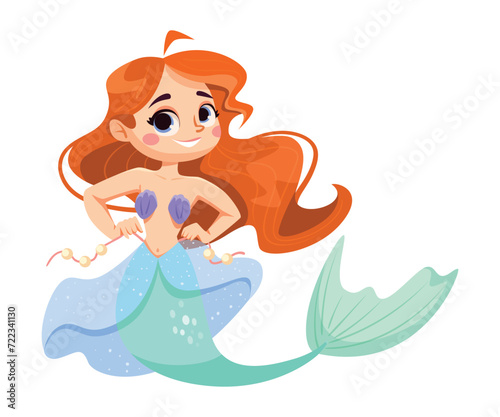 Little Girl Mermaid with Fish Tail and Wavy Hair Vector Illustration