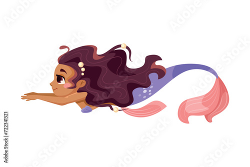 Little Girl Mermaid with Fish Tail and Wavy Hair Vector Illustration
