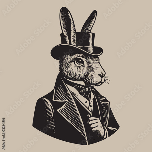 A hare in a tailcoat and top hat. Vintage engraving black and white vector illustration. Logo, emblem, woodcut. isolated object