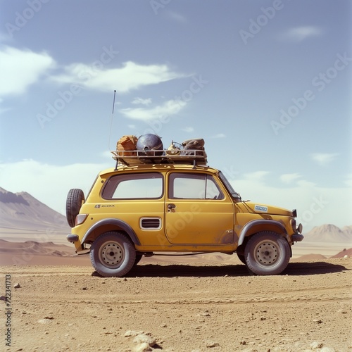small 4X4 yellow car at the rally on the desert