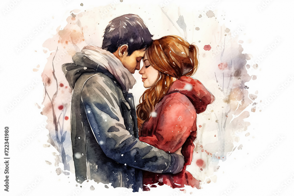 a watercolor illustration of a couple in love against a festive New Years background.