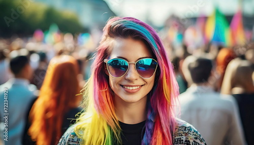 young adult woman with colorful dyed hair and sunglasses at music festival