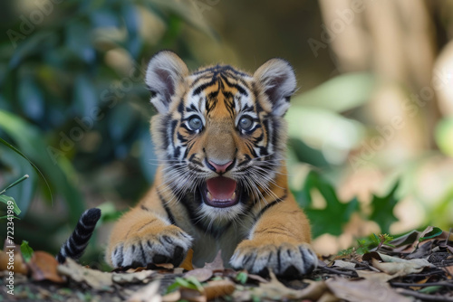 A playful tiger cub  caught in a candid moment that radiates curiosity and joy
