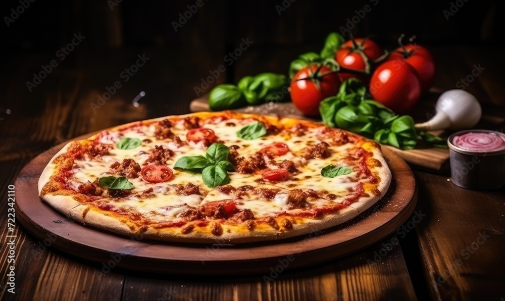 A Delicious Pizza on a Rustic Wooden Cutting Board A Delicious Pizza on a Rustic Wooden Cutting Board