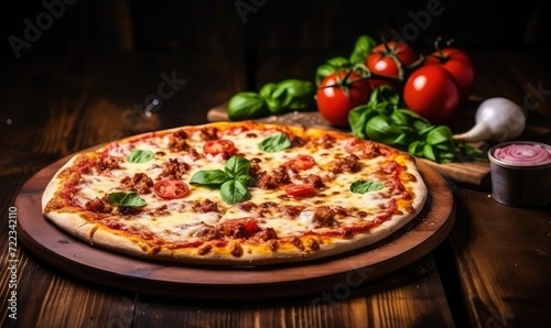 A Delicious Pizza on a Rustic Wooden Cutting Board