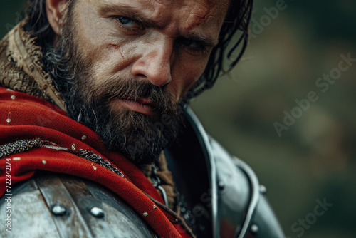 A rugged man with a fiery red beard stands proudly in his shining armor, exuding strength and determination in this striking outdoor portrait © Milos