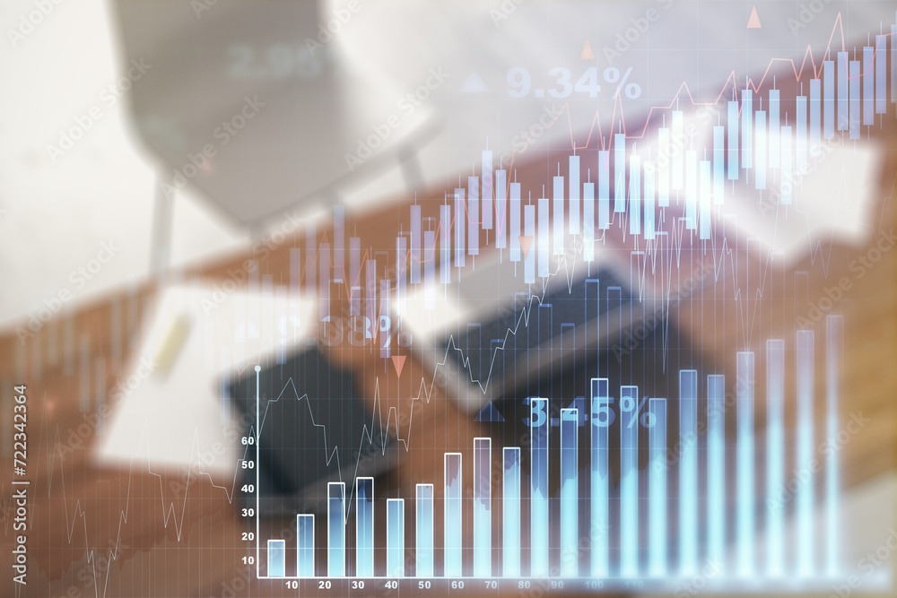 Multi exposure of abstract creative financial graph and modern desktop with computer on background, forex and investment concept Multi exposure of abstract creative financial graph and modern desktop with computer on background, forex and investment concept