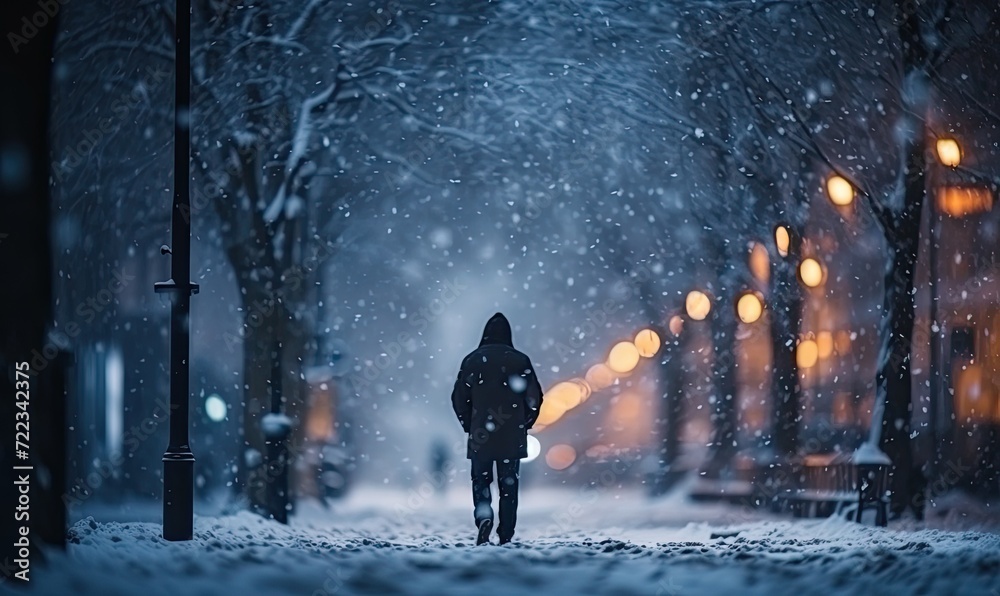 A Solitary Stroll Through the Snowy Night Streets