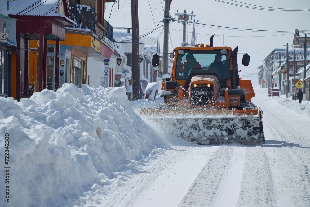 A powerful tractor braves the freezing winter sky, battling a blizzard to clear the snow-covered streets with its snowplow and help transport vehicles safely through the outdoor landscape A powerful tractor braves the freezing winter sky, battling a blizzard to clear the snow-covered streets with its snowplow and help transport vehicles safely through the outdoor landscape