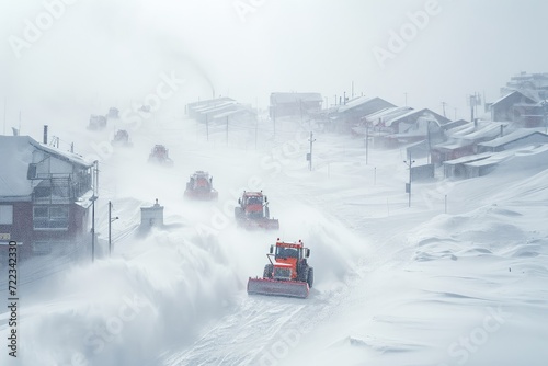 A convoy of land vehicles brave the freezing winter fog as they navigate through the snowy landscape, with a snowplow leading the way to their destination