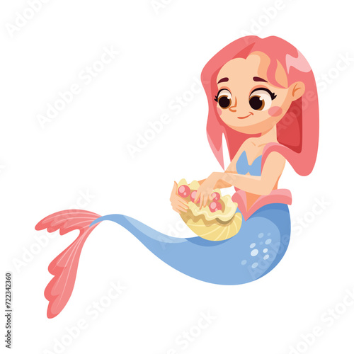Little Girl Mermaid with Fish Tail and Wavy Hair Vector Illustration