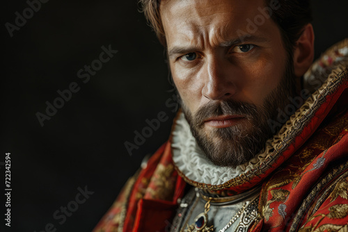 A seasoned man, adorned in a bold red garment, gazes out with a determined expression, his distinguished beard and moustache framing his weathered face