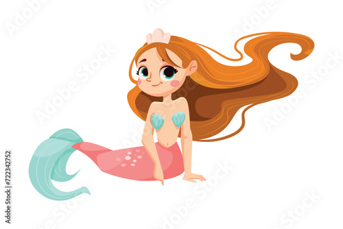 Little Girl Mermaid with Fish Tail and Wavy Hair Vector Illustration