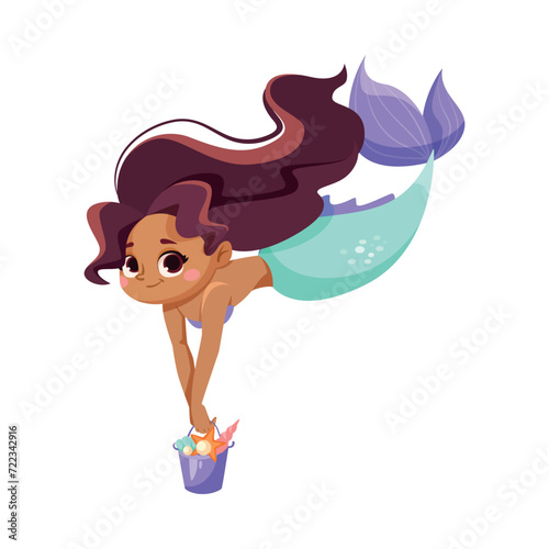 Little Girl Mermaid with Fish Tail and Wavy Hair Vector Illustration