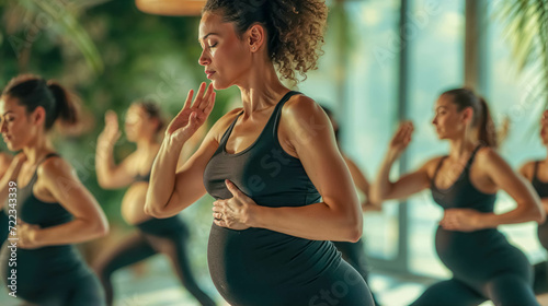 Pregnant Yoga Teacher Gracefully Demonstrating a Stretch In A Serene Studio. Group of Pregnant Participants Following. Maternity And Yoga For Prenatal Care photo
