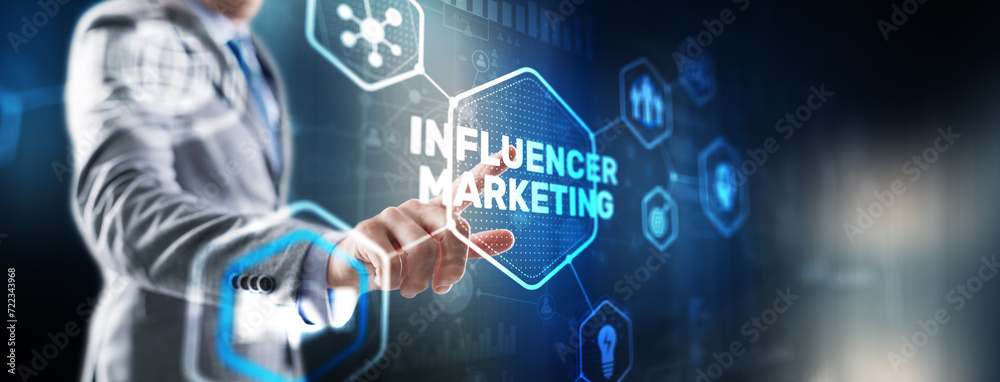 Man clicks on the inscription INFLUENCER MARKETING Man clicks on the inscription INFLUENCER MARKETING