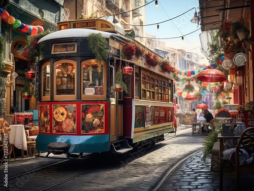 Wallpaper Mural Vintage Tram Rolling Through Historic City Center - AI Generated Torontodigital.ca