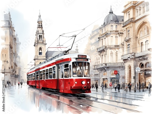 Vintage Tram Rolling Through Historic City Center - AI Generated