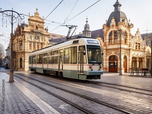 Vintage Tram Rolling Through Historic City Center - AI Generated