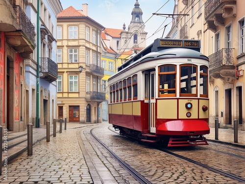 Vintage Tram Rolling Through Historic City Center - AI Generated