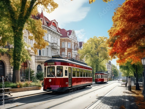 Vintage Tram Rolling Through Historic City Center - AI Generated