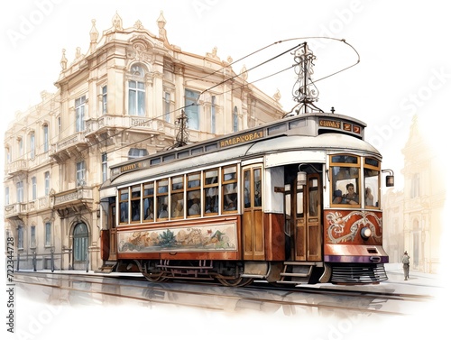 Vintage Tram Rolling Through Historic City Center - AI Generated