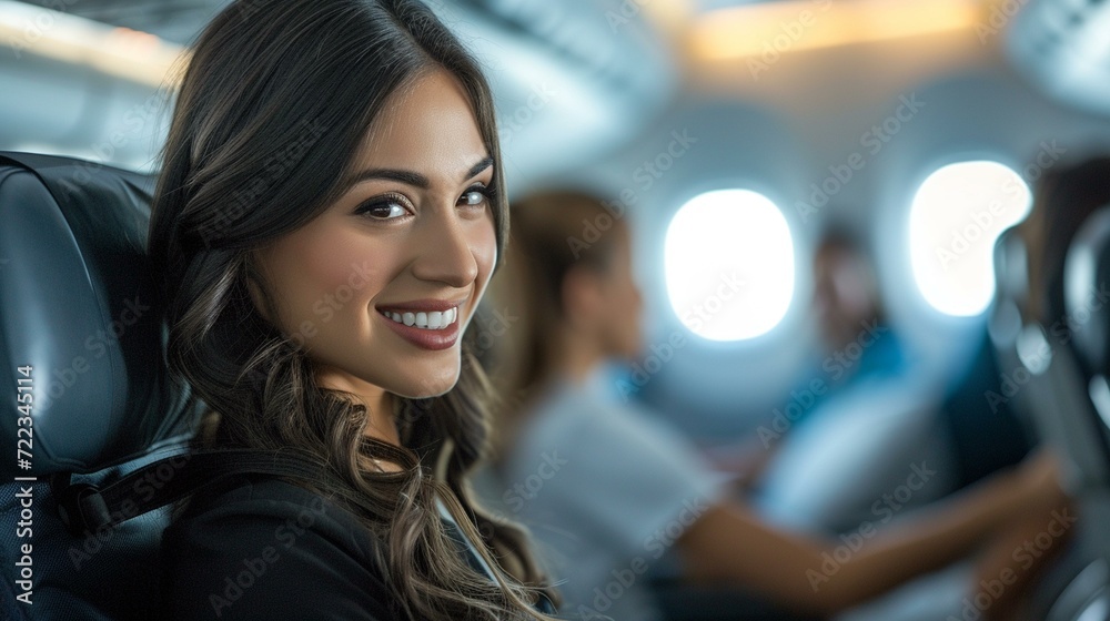 Stewardess assisting a passenger with adjusting their seat, promoting personalized service, [stewardess]