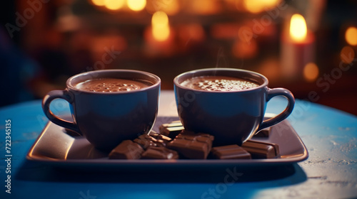 Steamy Hot Chocolate Cups with Chocolate Pieces.