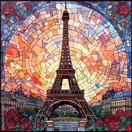 Eiffle tower mosaic, stain glass stlye, illustration photo