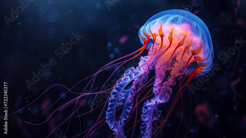 Glowing neon jellyfish with long tentacles
