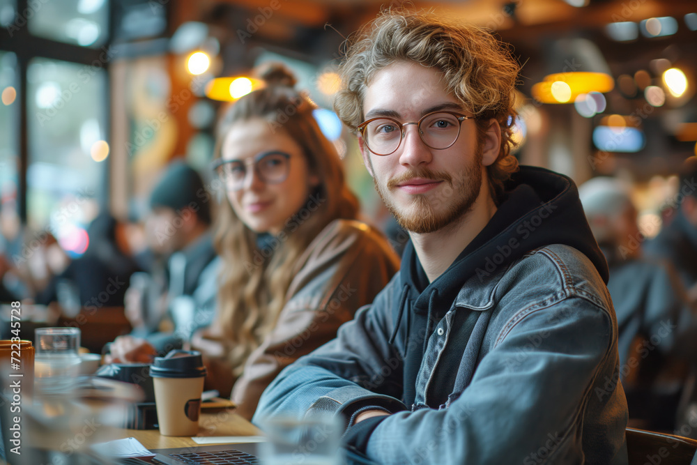 Young man and woman in glasses enjoying coffee in a bustling cafe
