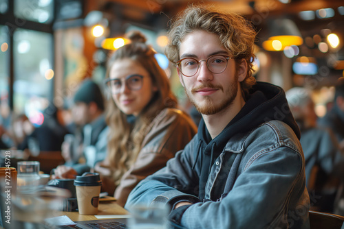 Young man and woman in glasses enjoying coffee in a bustling cafe