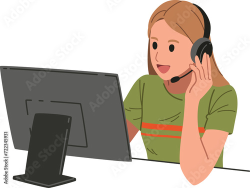 Female call center or support employee with headphone working with computer in the office illustration