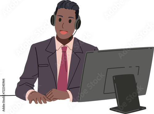 Male call center or support employee with headphone working with computer in the office illustration